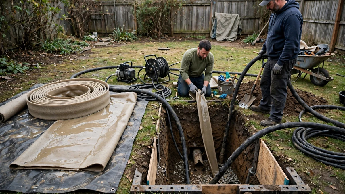Lining work being prepared at a sewer access point in a yard