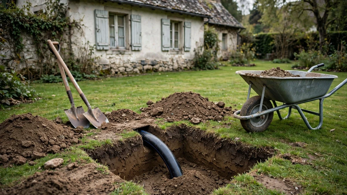Small neat entry pit at the edge of a lawn with a new pipe entering the ground