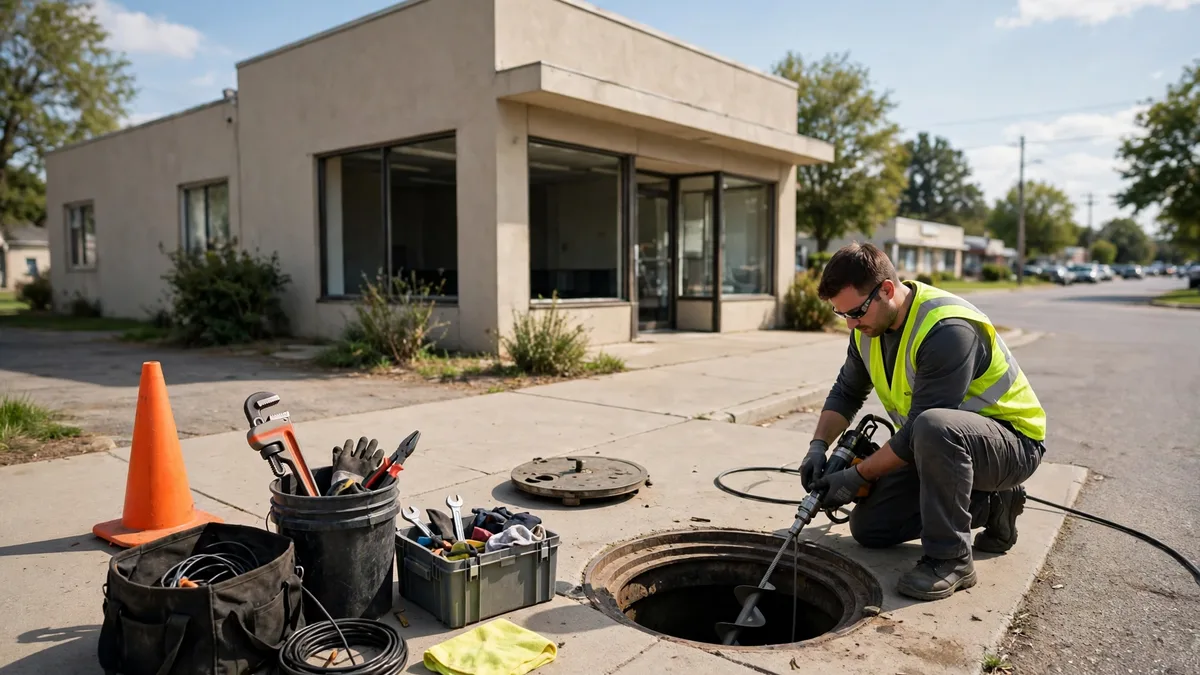 Technician working at a sewer cleanout outside a small commercial building during business hours