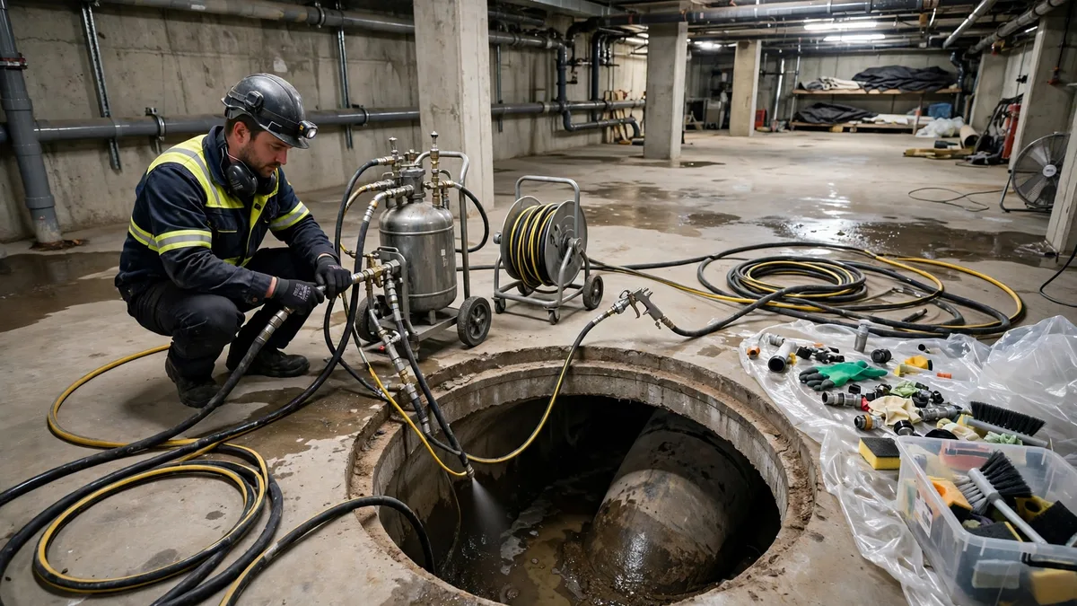Technician setting up epoxy coating equipment at an open sewer pipe access point