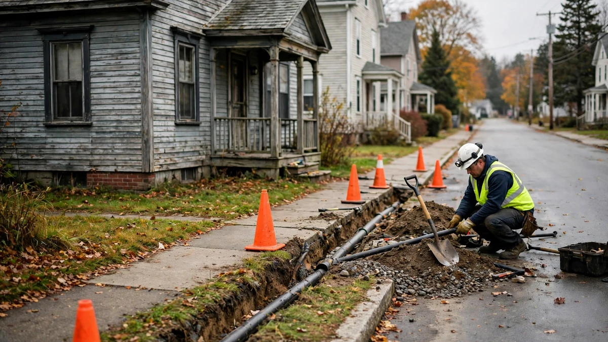 Residential street in a Maine town with a small work area where a lateral runs toward the street