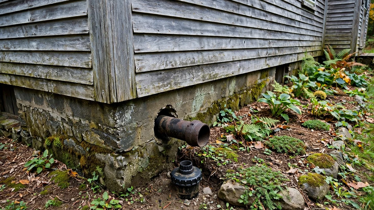 Side of an old Maine house showing the foundation wall where a sewer lateral exits the building