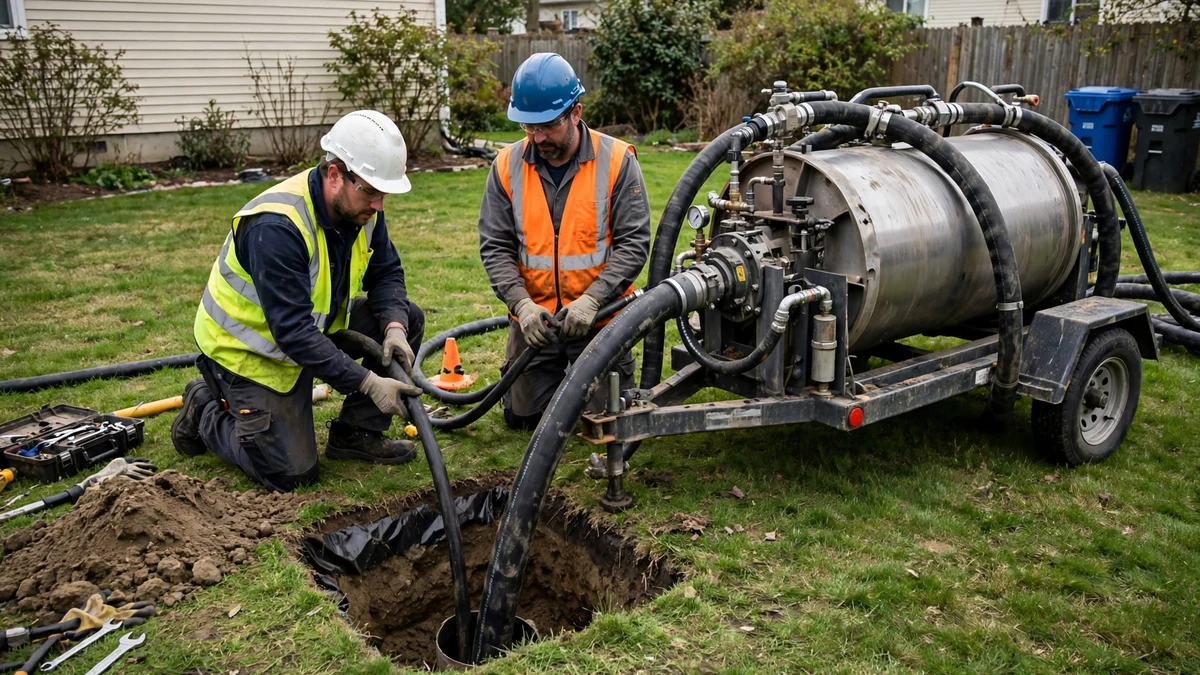 Technicians installing a trenchless pipe liner through a small access point in a yard