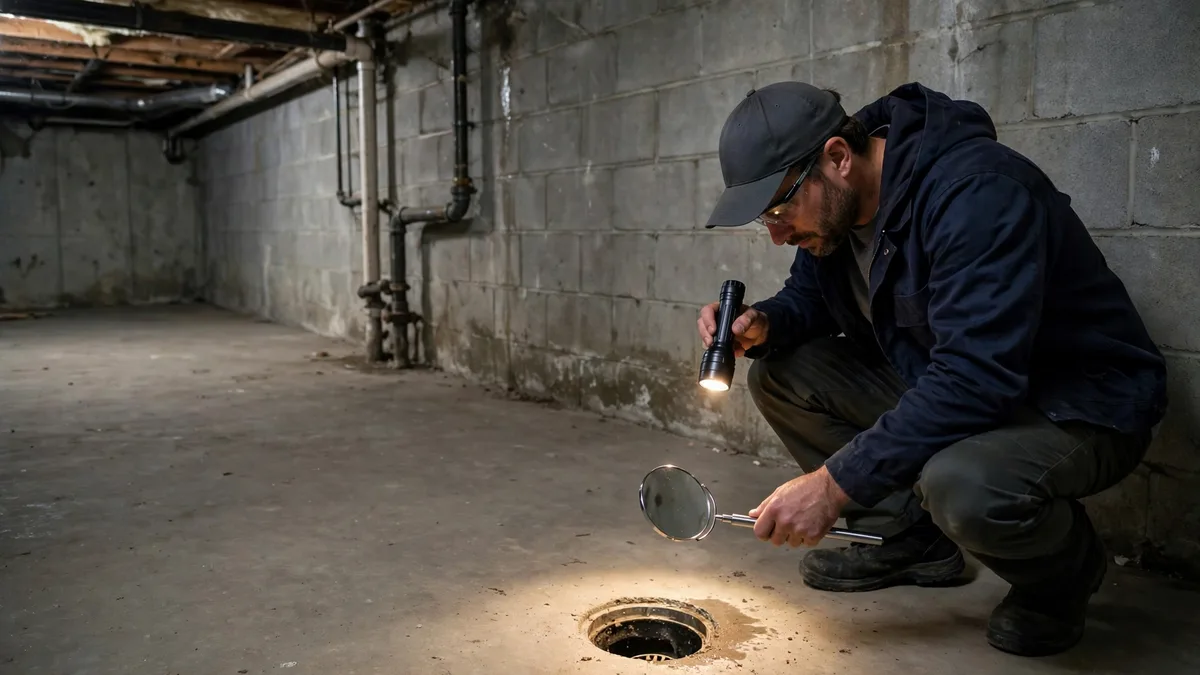 Technician inspecting a basement drain with a handheld light while tracing the source of a sewer smell