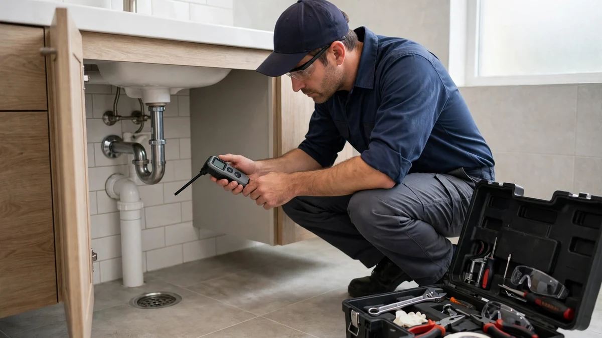 Technician inspecting a bathroom drain and trap area with a small handheld gas detector