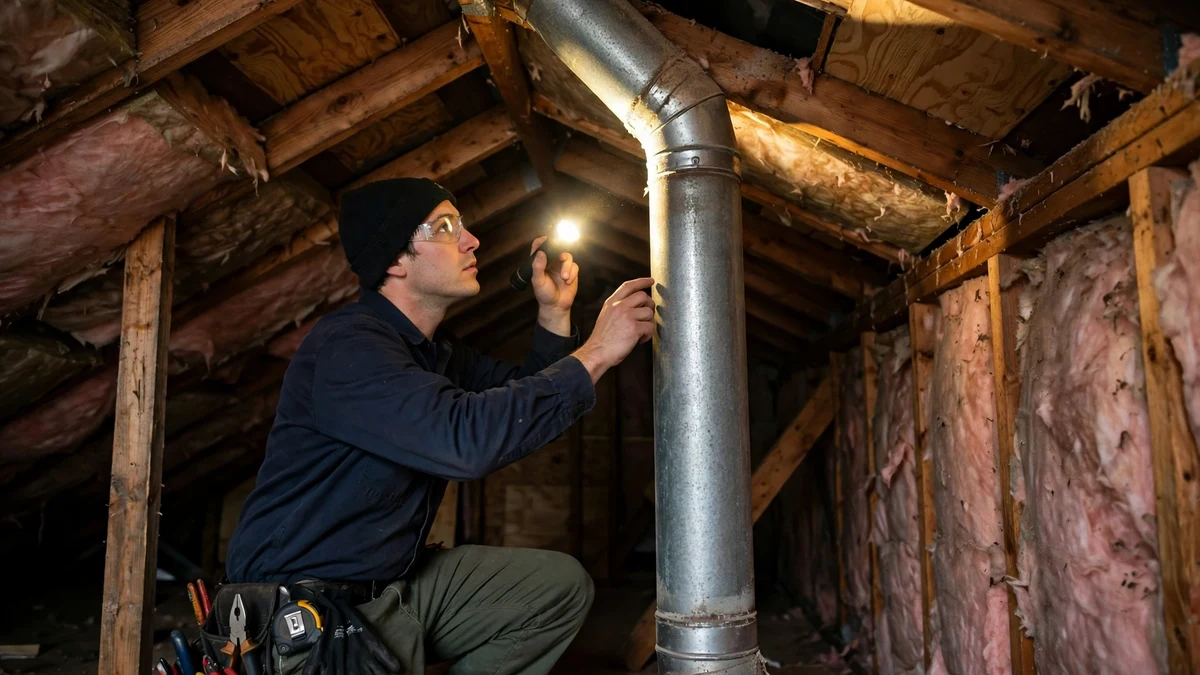 Technician checking a vent pipe in an attic space with a flashlight