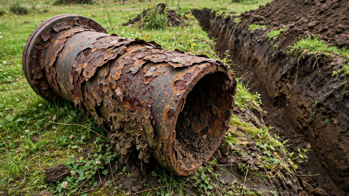 Section of corroded old cast iron sewer pipe removed from the ground and laid beside a trench