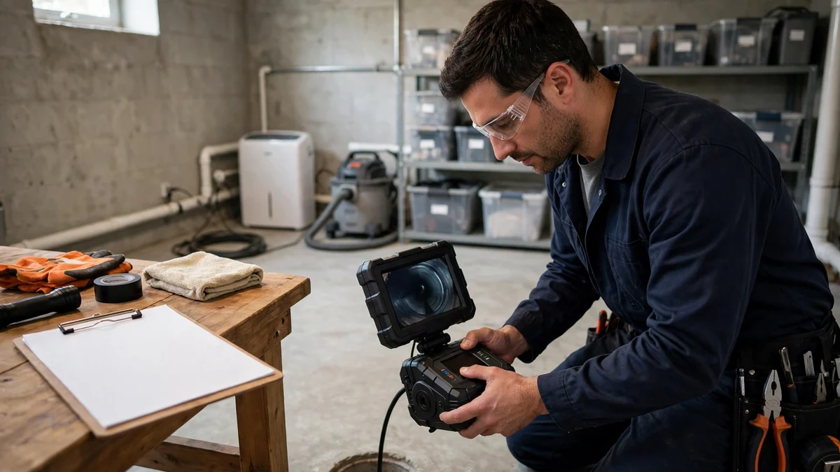 Technician running a push camera inspection in a tidy basement during a routine visit