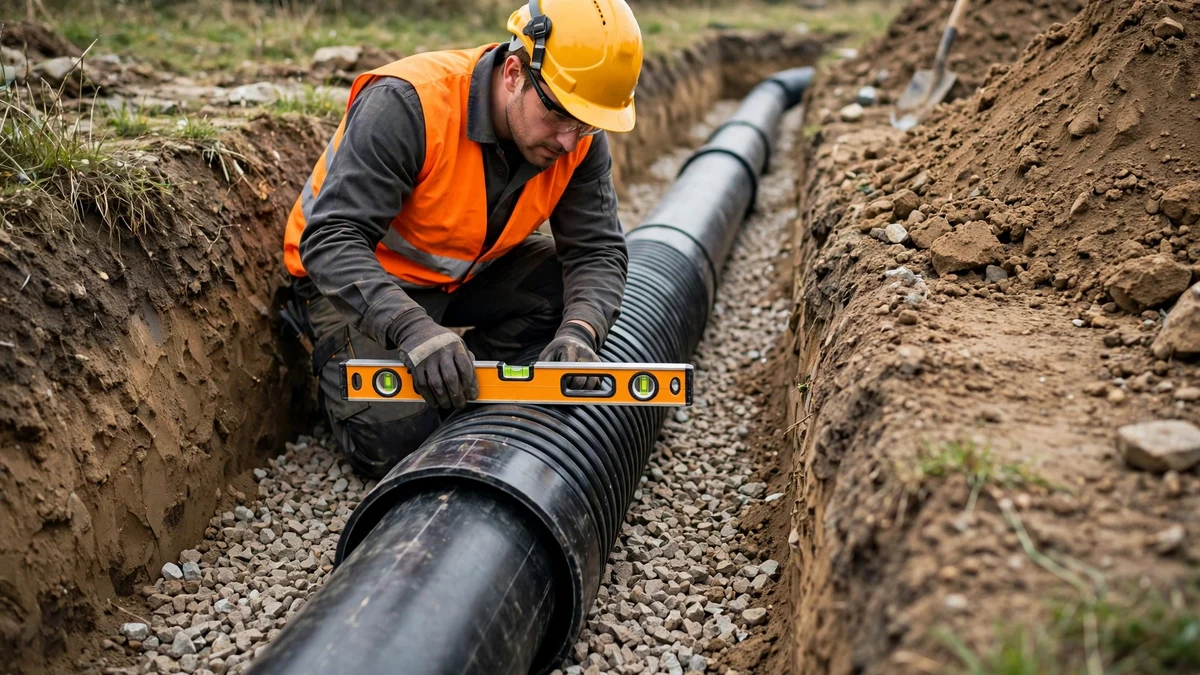 Technician checking the grade of a new sewer pipe in an open trench with a level