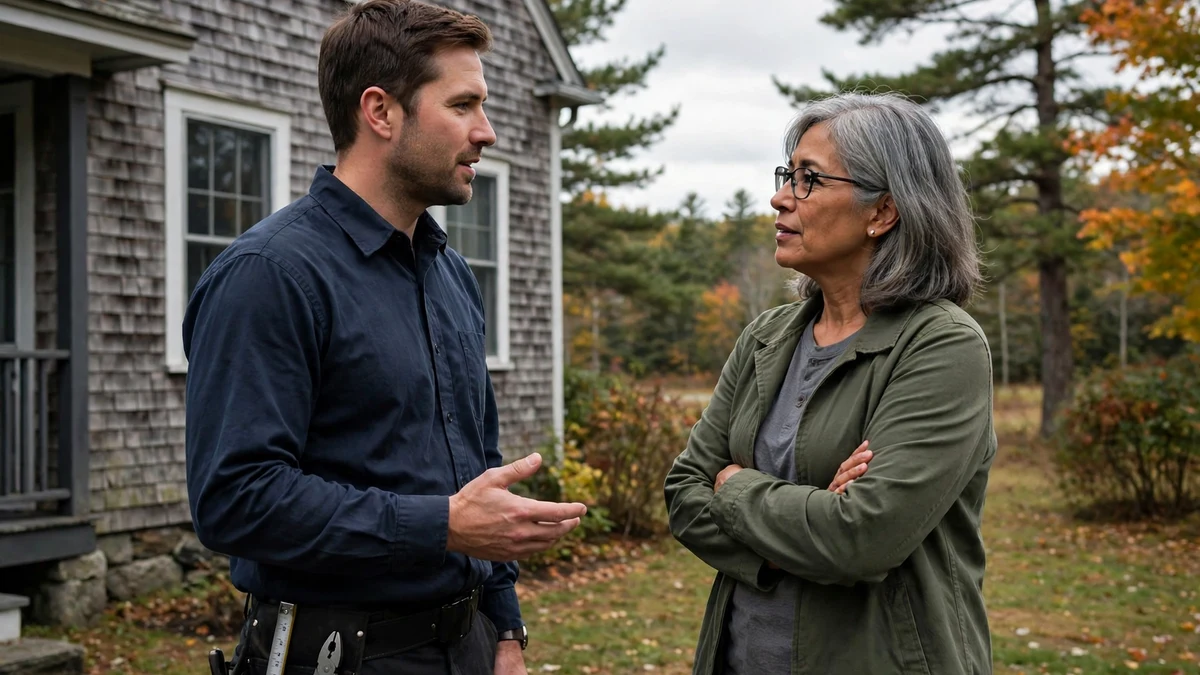Technician and homeowner talking beside a house in Maine